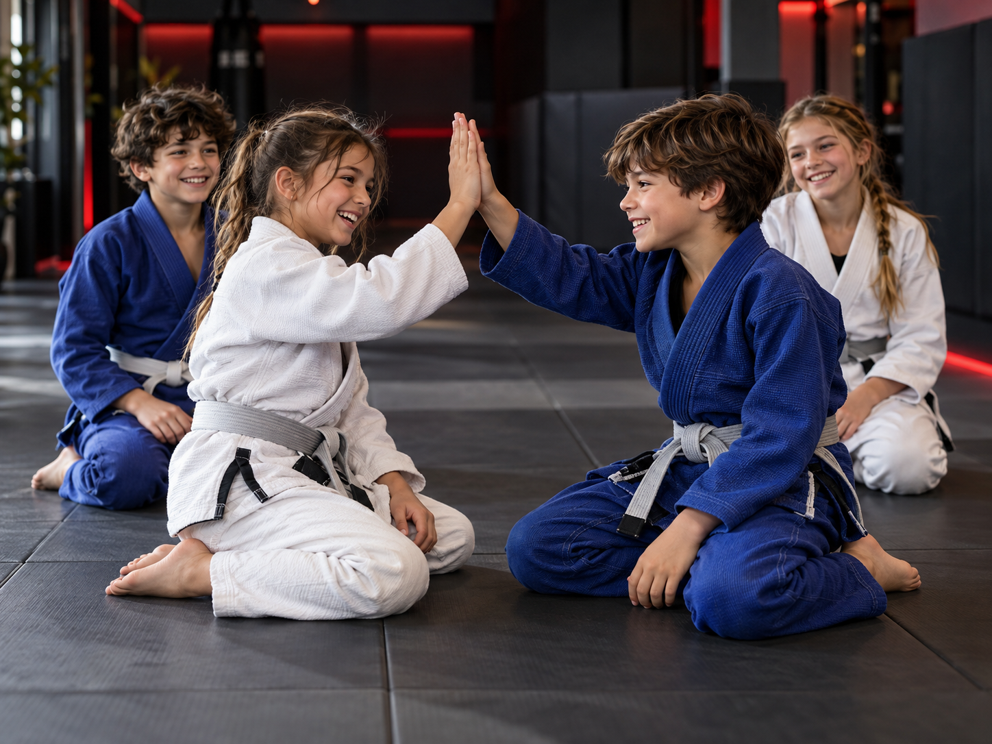Illustrazione fotorealistica generata con AI: bambini e ragazzi si divertono durante il Brazilian Jiu Jitsu
