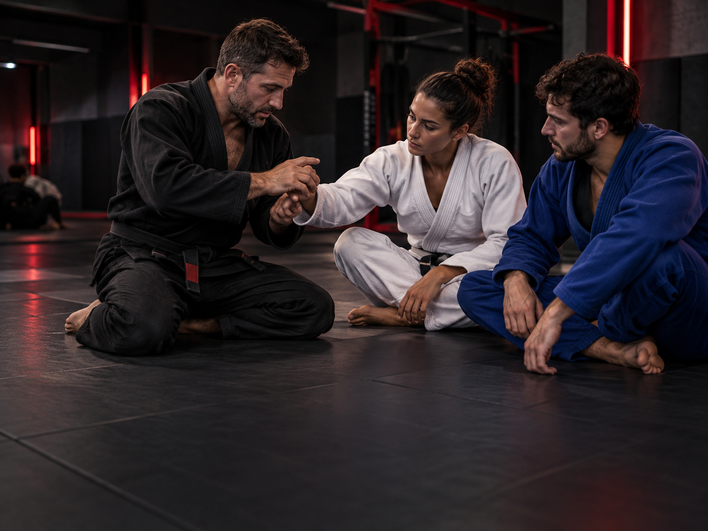 Scena illustrativa generata con AI: insegnamento del Jiu Jitsu